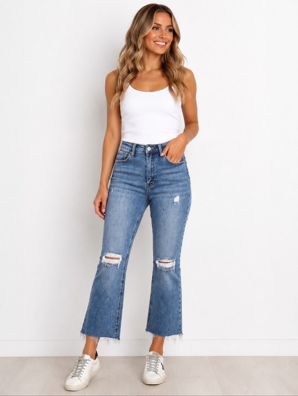 RISEN Jeans 7/28 High Rise Distressed Raw Hem Cropped Flare Stretch Denim